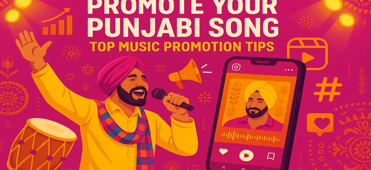 Promotional banner showing a Punjabi singer, mobile screen with music app, and digital icons like hashtags, charts, and reels, styled with vibrant cultural elements and colors to represent effective Punjabi song marketing.