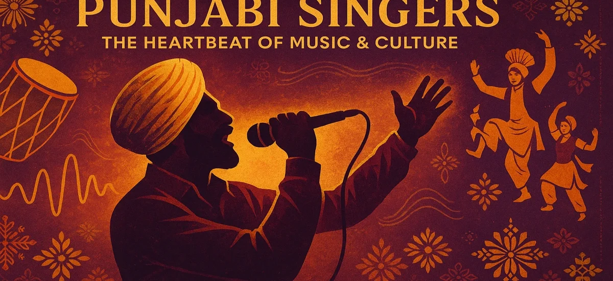 Vibrant digital banner featuring a Punjabi singer performing with traditional elements like dhol, bhangra dancers, and cultural patterns, symbolizing the deep connection between Punjabi music and cultural identity.