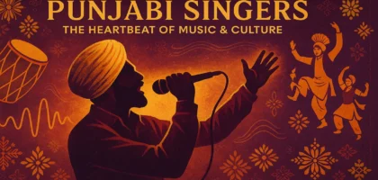 Vibrant digital banner featuring a Punjabi singer performing with traditional elements like dhol, bhangra dancers, and cultural patterns, symbolizing the deep connection between Punjabi music and cultural identity.