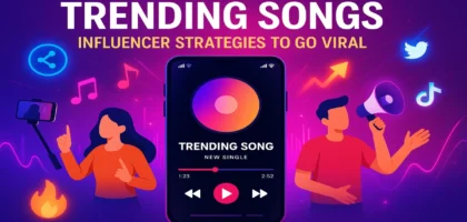 Promotional banner showing a Punjabi singer, mobile screen with music app, and digital icons like hashtags, charts, and reels, styled with vibrant cultural elements and colors to represent effective Punjabi song marketing.