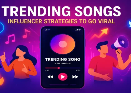 Promotional banner showing a Punjabi singer, mobile screen with music app, and digital icons like hashtags, charts, and reels, styled with vibrant cultural elements and colors to represent effective Punjabi song marketing.