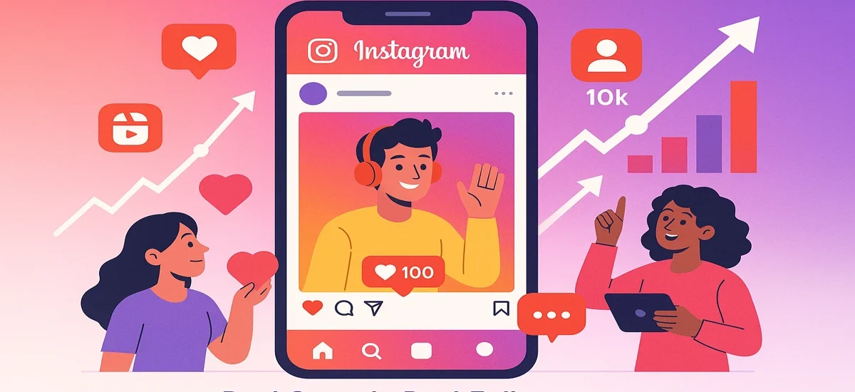 Illustration of a smartphone displaying the Instagram app, surrounded by icons of hearts, followers, comments, and charts, symbolizing growth and engagement. Colorful background with pink and purple gradients, with empty corners for adding text.