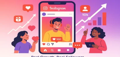 Illustration of a smartphone displaying the Instagram app, surrounded by icons of hearts, followers, comments, and charts, symbolizing growth and engagement. Colorful background with pink and purple gradients, with empty corners for adding text.