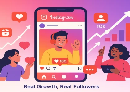 Illustration of a smartphone displaying the Instagram app, surrounded by icons of hearts, followers, comments, and charts, symbolizing growth and engagement. Colorful background with pink and purple gradients, with empty corners for adding text.