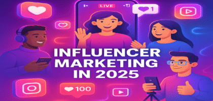 Futuristic illustration of influencers using smartphones with Instagram icons, likes, and live streaming, representing influencer marketing in 2025