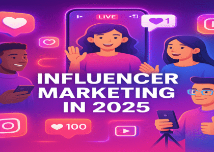 Futuristic illustration of influencers using smartphones with Instagram icons, likes, and live streaming, representing influencer marketing in 2025